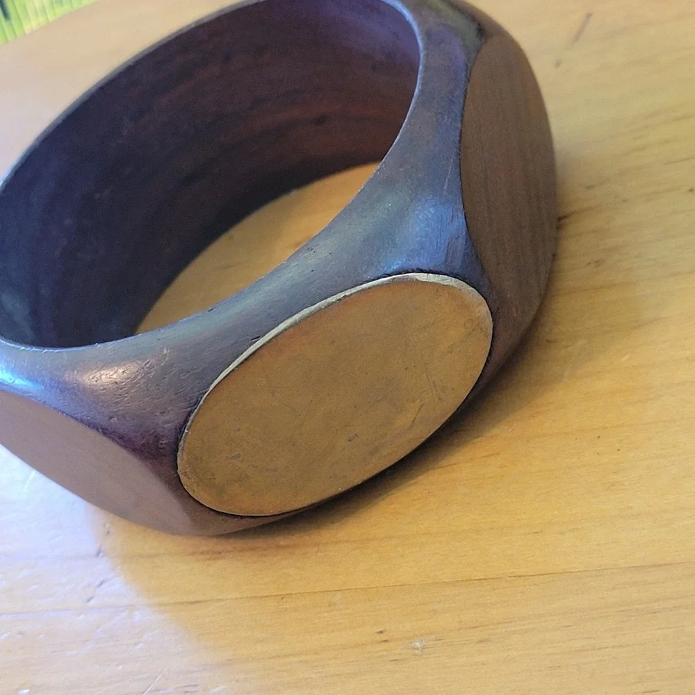 Vintage Chunky Wood Brass Inlay Bangle Bracelet Wide Modernist 50g